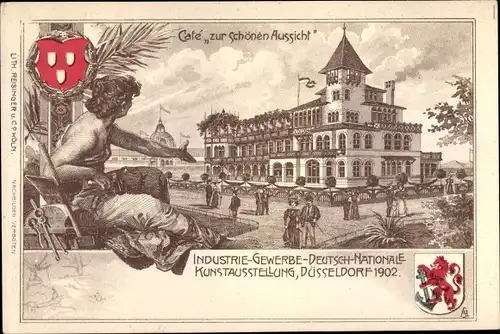 Wappen Litho Ak Düsseldorf, Industrie und Gewerbeausstellung 1902, Cafe zur schönen Aussicht