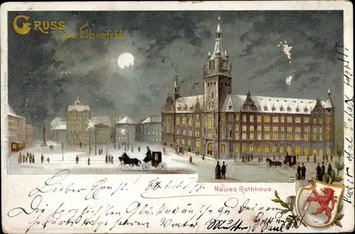 Mondschein Wappen Litho Elberfeld Wuppertal in Nordrhein Westfalen, Neues Rathaus