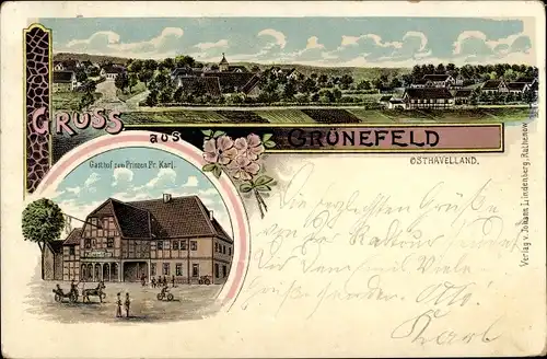 Litho Grünefeld Schönwalde Glien Havelland, Gesamtansicht, Gasthof zum Prinzen Fr. Karl
