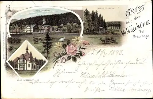 Litho Braunlage im Oberharz, Waldmühle, Gertrudsruhe, Villa Harzfried