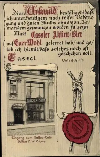 Ak Kassel in Hessen, Kaiser Café, Urkunde Cassler Aktien Bier