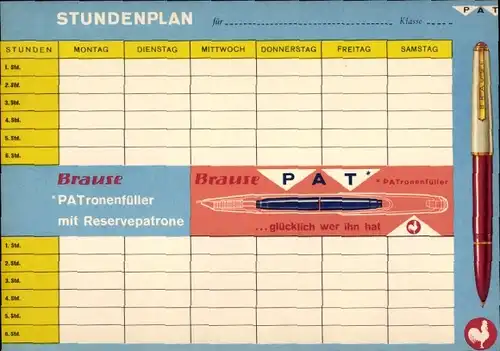 Stundenplan Brause Patronenfüller mit Reservepatrone, Füller um 1960