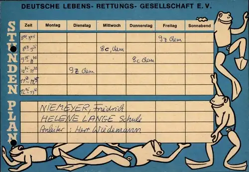 Stundenplan Deutsche Lebens-Rettungs-Gesellschaft E.V. DLRG, Frösche um 1970