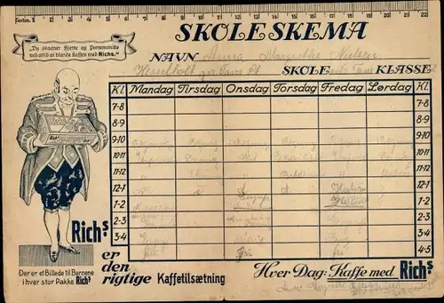 Stundenplan RICH`s Neue Kaffee Zugabe, Verpackung um 1920
