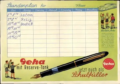 Stundenplan Geha Füller, Schulfüller, Druckstift 833, Schreibgartitur 880, Goldfeder um 1950