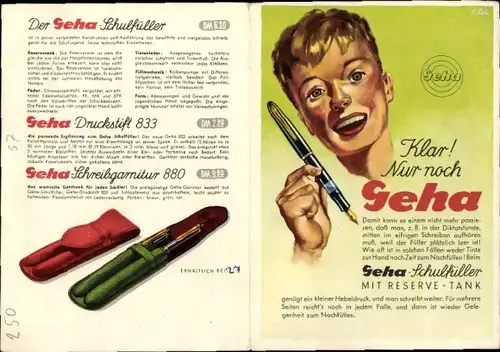 Stundenplan Geha Füller, Schulfüller, Druckstift 833, Schreibgartitur 880, Goldfeder um 1950