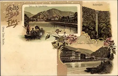 Litho Bad Ems an der Lahn, Malbergbahn, Kursaal, Kurbrücke, Ems von der Kaiserbrücke