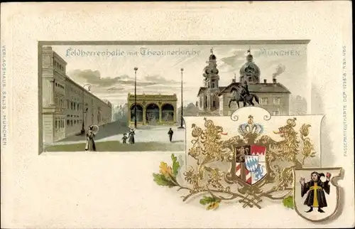 Präge Wappen Passepartout Litho München, Feldherrenhalle, Feldherrnhalle, Theatinerkirche