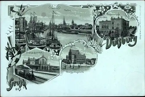 Mondschein Litho Duisburg im Ruhrgebiet, Hafen, Zentralbahnhof, Töchterschule, Realgymnasium