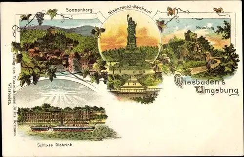 Litho Rüdesheim am Rhein, Niederwald Nationaldenkmal, Sonnenberg, Moosburg, Biebrich Wiesbaden