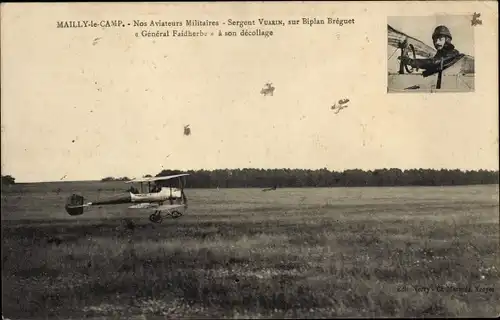 Ak Mailly le Camp Camp de Mailly, Aviateurs Militaires, Sergent Vuarin sur Biplan Breguet