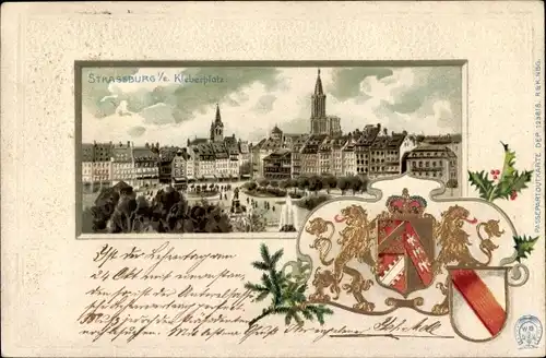 Präge Wappen Litho Strassburg Elsass Bas Rhin, Kleberplatz, Kirche