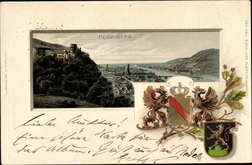 Präge Wappen Litho Heidelberg am Neckar, Totalansicht mit dem Schloss