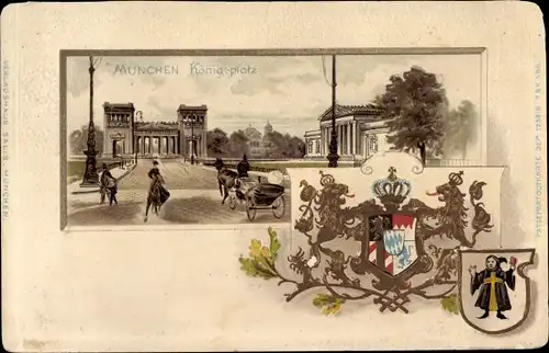 Präge Wappen Passepartout Litho München, Königsplatz