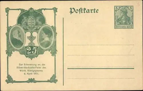 Ganzsachen Ak König Wilhelm II von Württemberg, Königin Charlotte, Silberhochzeit 1911