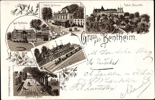 Litho Bad Bentheim in Niedersachsen, Hotel Bellevue, Bahnhof, Bahnhofallee, Gesamtansicht