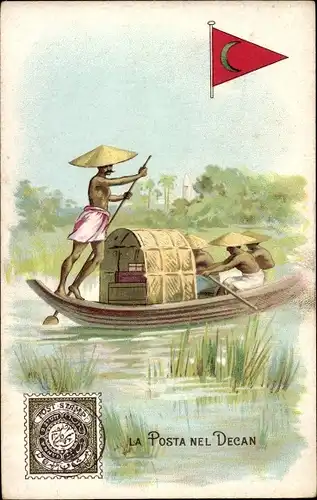 Briefmarken Litho La Posta nel Decan, Volkstypen, Boot, Lysoform Achille Brioschi Milano