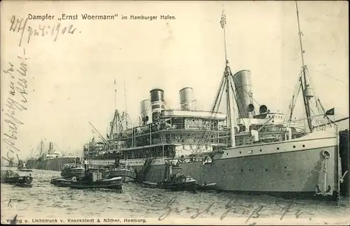 Ak Dampfer Ernst Woermann im Hamburger Hafen, Woermann Linie