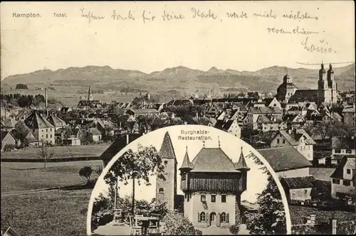 Ak Kempten im Allgäu Schwaben, Burghalde Restauration, Blick auf den Ort