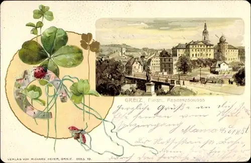 Präge Litho Greiz im Vogtland, Residenzschloss, Kleeblätter, Hufeisen, Marienkäfer