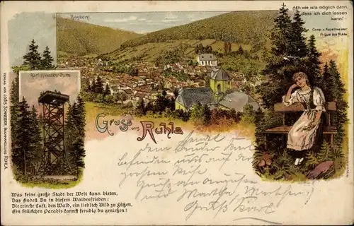 Litho Ruhla in Thüringen, Karl Alexander Turm, Blick auf den Ort