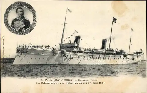 Ak Deutsches Kriegsschiff, SMS Hohenzollern im Hamburger Hafen, Kaiser Wilhelm II.