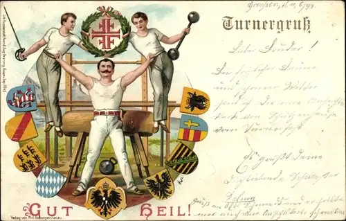 Wappen Ak Turnergruß, Turner mit Geräten, Hantel, Pferd, Degen