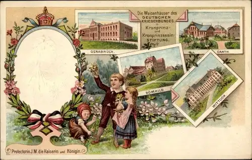 Litho Waisenhäuser des Deutschen Kriegerbundes, Osnabrück, Canth, Wittlich, Römhild, Kaiserin