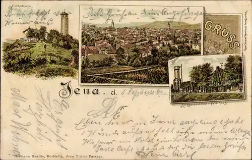 Litho Jena in Thüringen, Kriegerdenkmal, Forsthaus, Fuchsturm, Totalansicht
