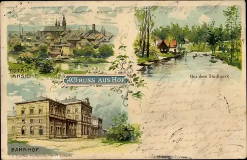 Litho Hof an der Saale Oberfranken Bayern, Bahnhof, Totalansicht, Stadtpark