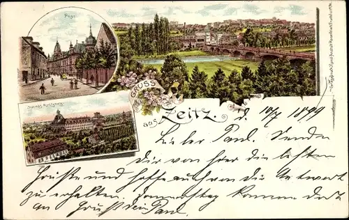 Litho Zeitz an der Weißen Elster im Burgenlandkreis, Schloss Moritzburg, Post, Panorama vom Ort