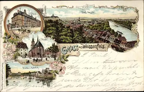 Litho Weißenfels an der Saale, Kirche, Post, Brücke, Bahnhof, Totalansicht