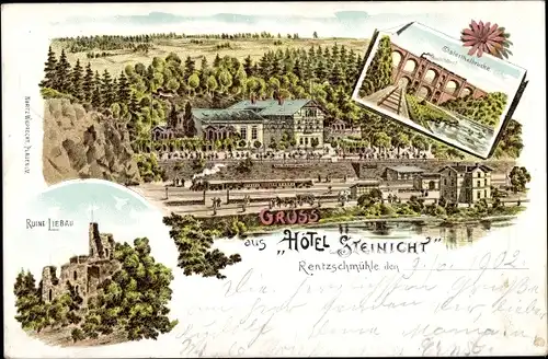 Litho Rentzschmühle Pöhl im Vogtland, Elstertalbrücke, Ruine Liebau, Blick auf den Ort, Bahnhof