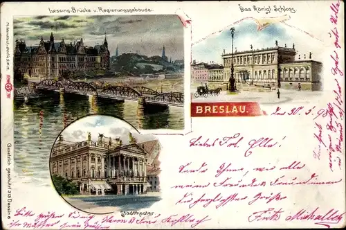 Litho Wrocław Breslau Schlesien, Schloss, Lessing Brücke, Regierungsgebäude, Stadttheater