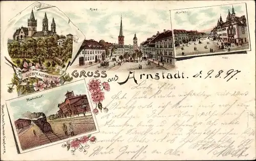 Litho Arnstadt in Thüringen, Ried, Markt, Bahnhof, Gleisseite, Liebfrauenkirche