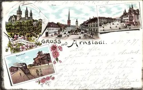 Litho Arnstadt in Thüringen, Ried, Markt, Bahnhof, Gleisseite, Liebfrauenkirche