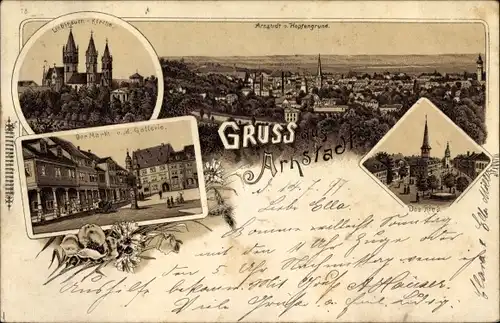 Litho Arnstadt in Thüringen, Ried, Markt, Liebfrauenkirche, Blick vom Hopfengrund
