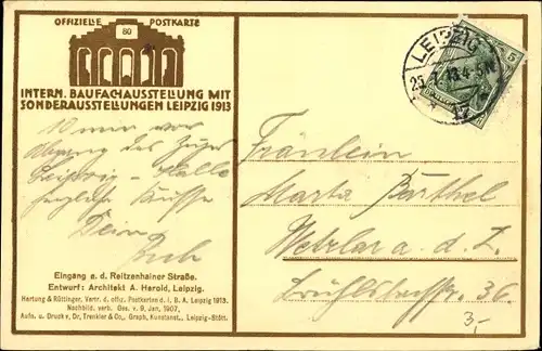 Ak Leipzig in Sachsen, Intern. Baufachausstellung 1913, Eingang a. d. Reitzenhainer Straße