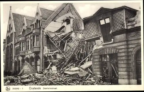 Ak Oostende Ostende Westflandern, Stokholmstraat, Kriegszerstörung