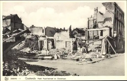 Ak Oostende Ostende Westflandern, Hoek Kapellestraat en Ooststraat, Kriegszerstörung