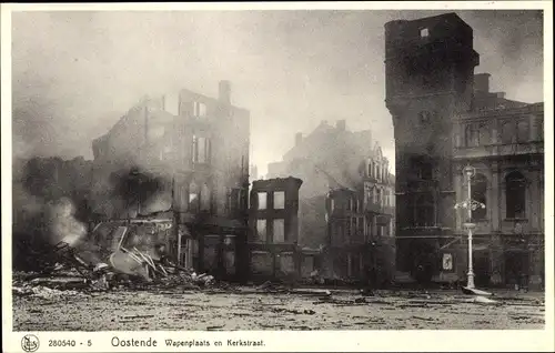 Ak Oostende Ostende Westflandern, Wapenplaats en Kerkstraat, Kriegszerstörung