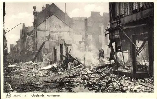 Ak Oostende Ostende Westflandern, Kapellestraat, Kriegszerstörung