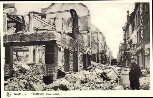 Ak Oostende Ostende Westflandern, Kapellestraat, Kriegszerstörung