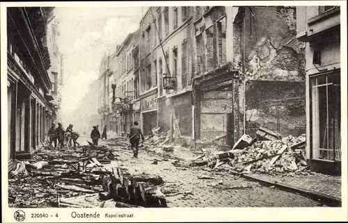 Ak Oostende Ostende Westflandern, Kapellestraat, Kriegszerstörung