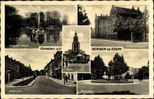 Ak Bergen op Zoom Nordbrabant Niederlande, Markt, Volkspark m. Fontein, Stationstraat, Pomonalaan