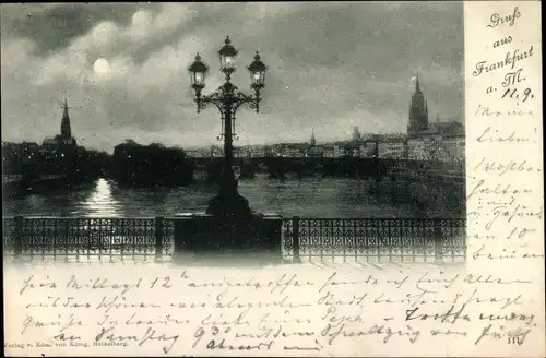 Mondschein Ak Frankfurt am Main, Teilansicht, Straßenlaterne, Fluss