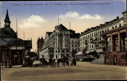 Ak Koblenz am Rhein, Rheinpromenade mit den Hotels zum Riesen-Fürstenhof u. Koblenzer-Hof