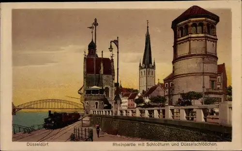Ak Düsseldorf am Rhein, Rheinpartie mit Schlossturm und Düsselschlösschen, Brücke