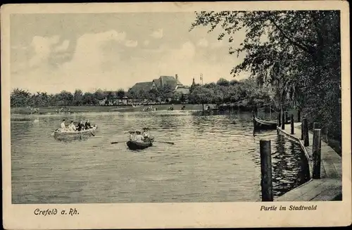 Ak Krefeld Rhein, Ruderboote im Stadtwald, Anlegestelle