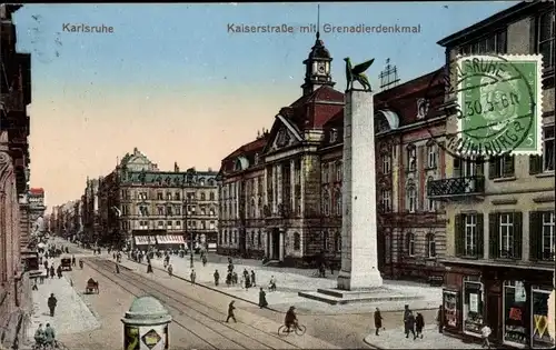 Ak Karlsruhe in Baden, Kaiserstraße mit Grenadierdenkmal